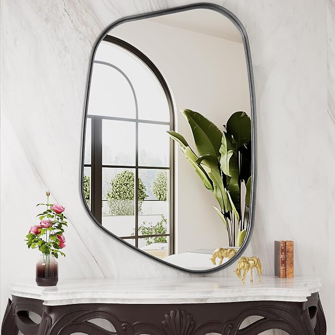 Irregular Wall Mirror 26"x40" Bathroom Mirrors Asymmetrical Artistic Decorative for Living Room Bedroom Bathroom Hallway Entryway,Trapezoid,Black