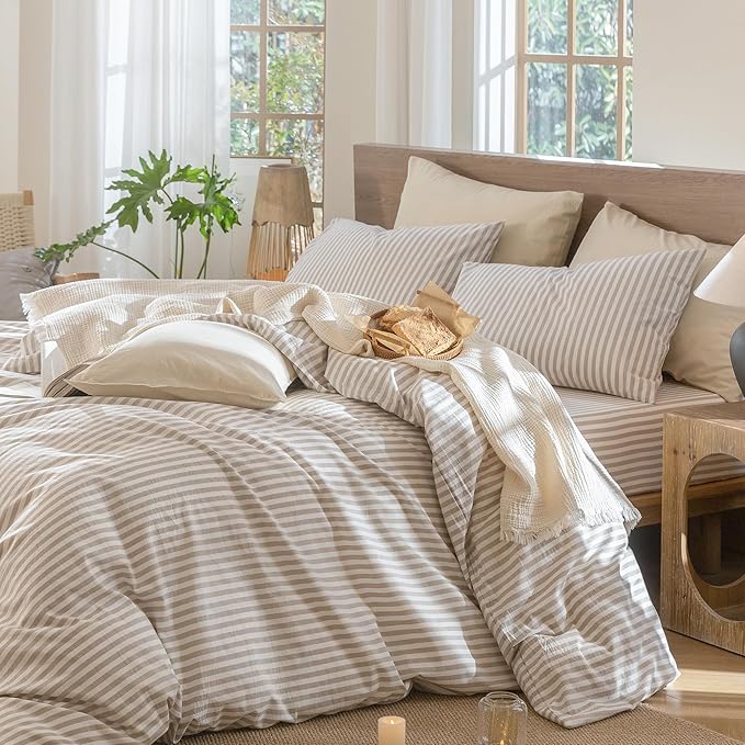 MooMee Striped Duvet Cover Set 100% Washed Cotton Linen Like Textured Breathable Durable Soft Comfy (Tannish Linen Grey White Classic Stripes, Alaska King 132"x120")