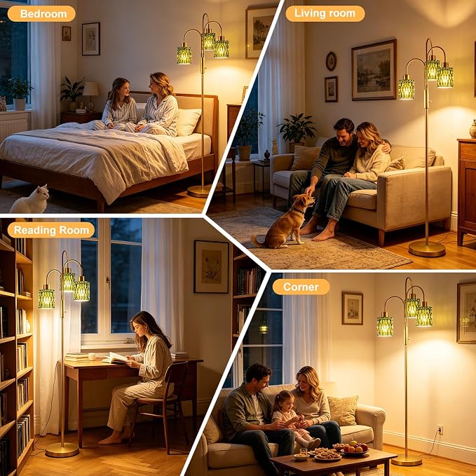 70" Glass Floor Lamp, 3-Light Gold Dimmable Standing Tall Lamp with Green Ribbed Glass Shades &3PCS 3000K Warm White Bulbs, Modern Tree Pole Lamp for Living Room Bedroom Home Decor