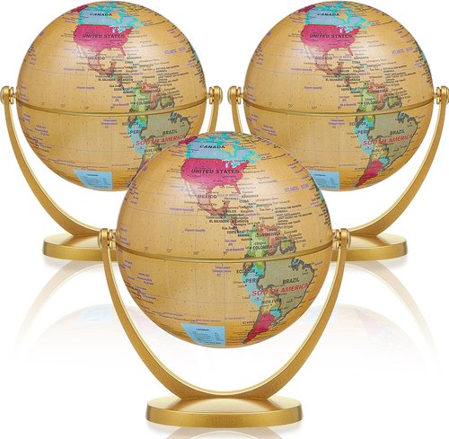 Henoyso Mini Antique World Map Globes - 3 Pcs 4.2-Inch Educational Desk Decor for Kids & Students