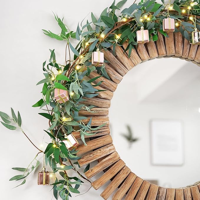 Artificial Willow Garland with USB Fairy String Lights & Pink Gift Box Ornaments – 2-Pack Lighted Greenery Vine, with Remote for Mantels, Weddings, Fireplace, Holidays, Parties & Everyday Home Decor