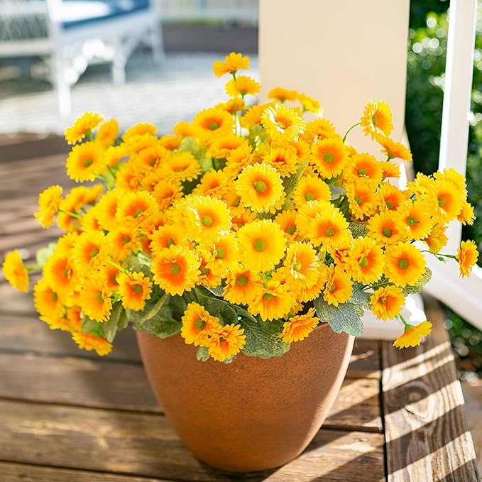 HyeFlora Dahlia Artificial Winter Flowers for Outdoors Decoration, 6 Bundles Fake Daisy Yellow Outdoor Faux Flower Plants Realistic UV Resistant Silk Flowers for Outside Planter Front Door Yard Garden