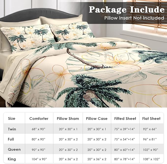 Comforter Set Full Size, Tropical Botanical Palm Summer 7 Pcs Bedding for Kids and Adults, Hawaiian Coconut Tree Bed Sheet Sets with Fitted Sheet 2 Pillowcase & 2 Sham for Bedroom Bed Decor