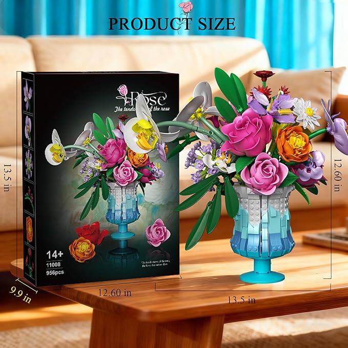 Flower Building Set with Vase, Artificial Botanical Flower Set for Adults Women, Home Décor Display, Romantic Gift for Christmas, Valentine’s Day, Compatible with Lego Flower, 956 PCS