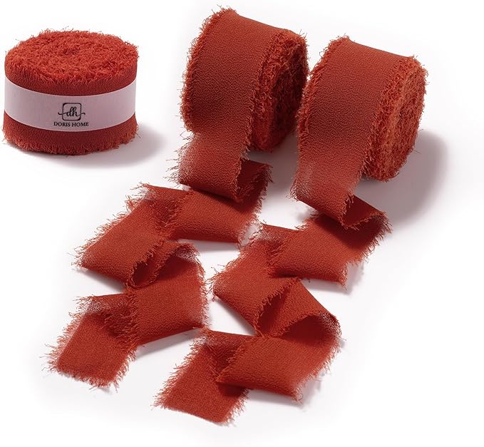 DORIS HOME Terracotta Chiffon Ribbon for Flower Bouquet, 1" x21Yd Fabric Ribbon for Gift Wrapping, Handmade Frayed Ribbon for Wedding Invitations/Christmas Decorations