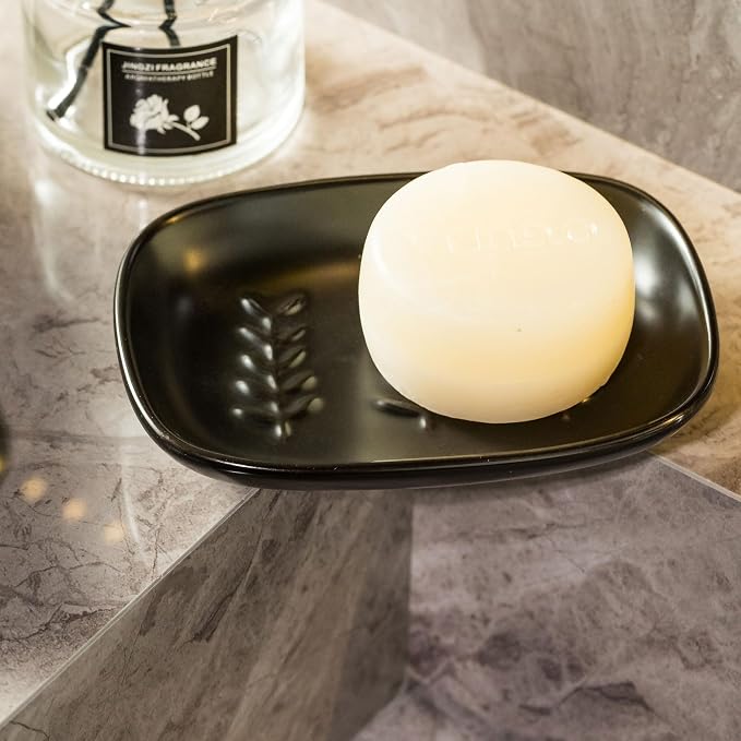 Soap Dish Soap Holder Shower, Ceramic Soap Dishes for Large Bar Soap Sponge, Shower Soap Dish Soap Saver Tray for Bathroom Kitchen Sink, Elegant Raised Leaf Design, Easy Dishwasher Cleaning, Black