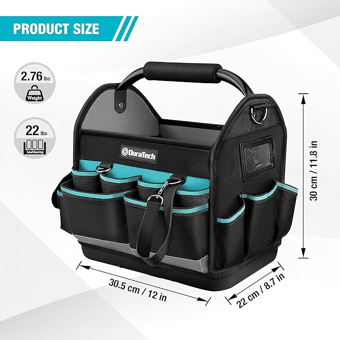 DURATECH 12 Inch Tool Tote with Waterproof Hard Bottom, Electrician Tool Bag with Rotating Handle, Open Top Tool Bag Wide Mouth Multi-Pockets, Tool Carrier for Mechanic Plumber Electrician HVAC
