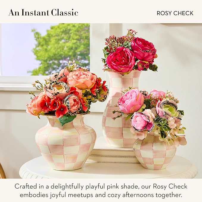 MACKENZIE-CHILDS Pedestal Vase, Decorative Centerpiece and Flower Holder, Pink-and-White Rosy Check