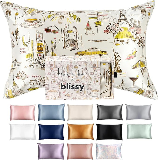 Blissy Silk Pillowcase - 100% Pure Mulberry Silk - 22 Momme 6A High-Grade Fibers - Silk Pillow Cover for Hair & Skin - Regular, Queen & King (Nicole Miller - NY to Paris, Queen)