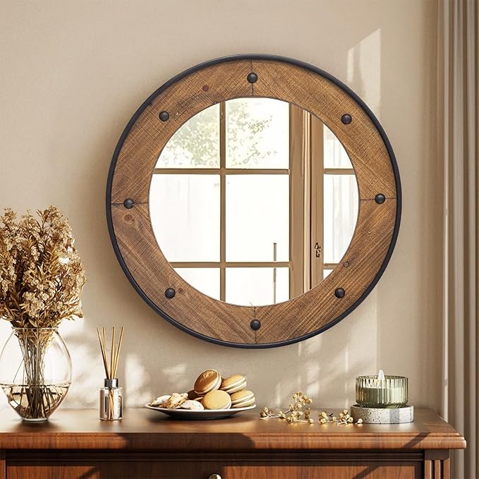Rustic Round Wall Mirror 24 Inch, Natural Wood Frame with Black Metal Trim, Industrial Farmhouse Style Wall Mirror with Decorative Nailhead Accents for Bathroom, Living Room, or Entryway