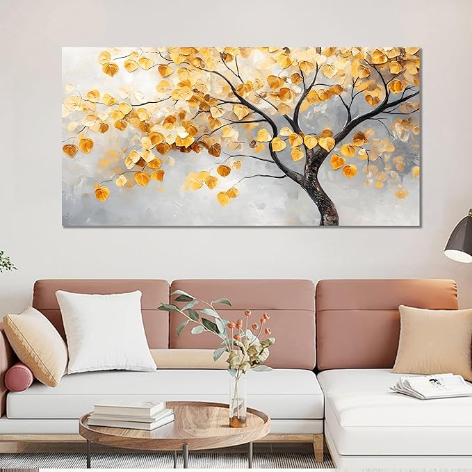 Tarfupth Gold Tree of Life Wall Art for Living Room Tree Leaves Large Artwork for Bedroom Office Kitchen Modern Canvas Prints 24x48 Inch