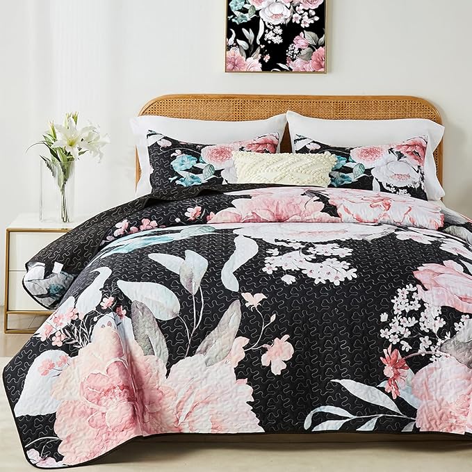 Yogeneg King Size Quilt Set, Pink Floral Botanical Pattern Black Bedding Set,3 Piece Lightweight Soft Summer Bedspread Coverlet with 2 PIillow Sham for All Season(Pink Floral,110"x96")