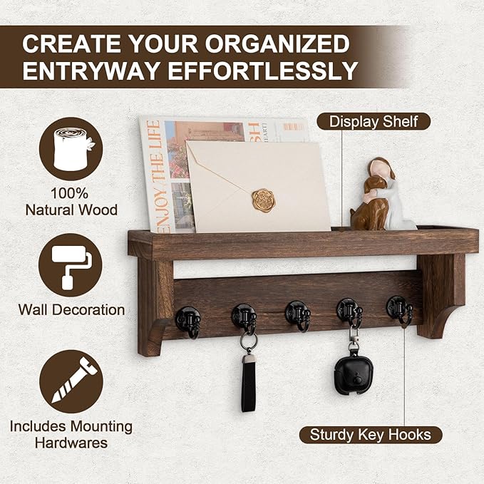 Lucundm Key and Mail Holder Wall Mount, Key Holder with Shelf and Mail Organizer Wall Mount. Mail Holder with 5 Hooks for Coat, Dog Leash, Home Decor Rack, Entry Way Organizer (Brown)