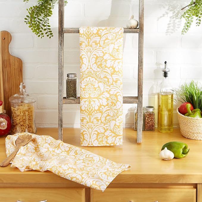 DII Cotton Dish Towel Set Damask Print, 18x28, Mustard, 2 Count