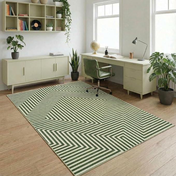 5x7 Washable Area Rugs for Living Room Modern Geometric Rug Non Slip Abstract Lines Soft Bedroom Carpet Low Pile Floor Mats for Bedroom Dining Home Office, Green