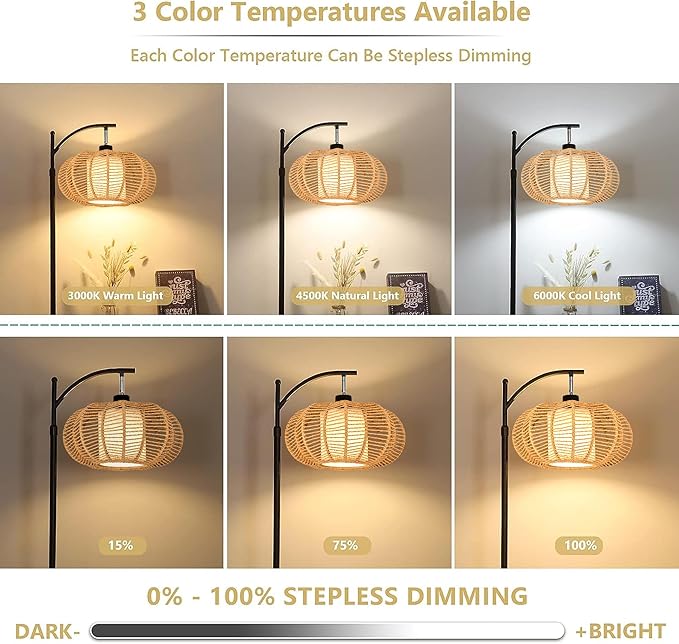 ZECOXOL Arc Floor Lamps for Living Room Bedroom Rattan Boho Floor Lamp with Remote Control,Dimmable Led Standing Lamp Wicker Lamp Shade Rustic Tall Floor Lamp Modern Flower Lamp for Bedroom Corner