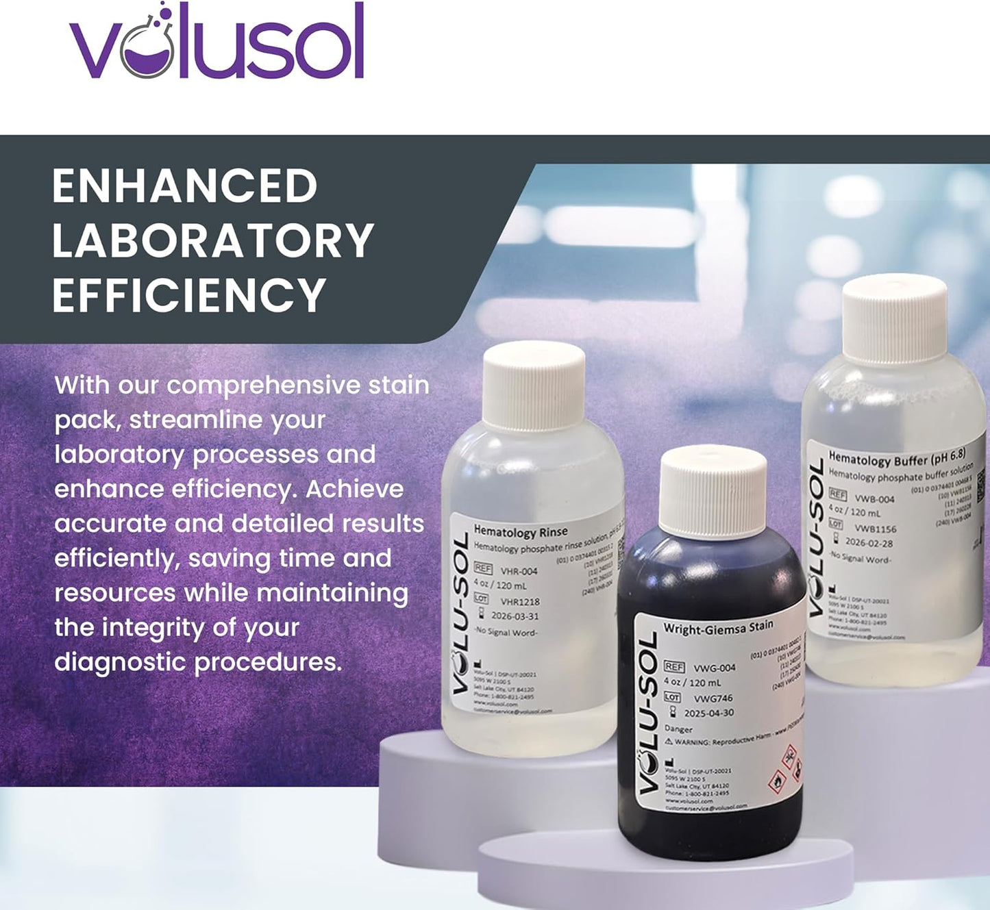Volu-Sol Wright-Giemsa Stain Kit - Romanowsky Microscope Stain for Blood & Bone Marrow - 4 oz (118 ml) Each
