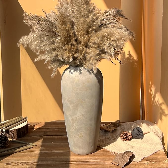 15 Inch Farmhouse Ceramic Rustic Vase, White Grey Flower Vases for Centerpieces & Home Decor, Handmade Pottery Vases for Living Room, Bedroom & Wedding Decor, Vintage Ceramic Vase for Gifts