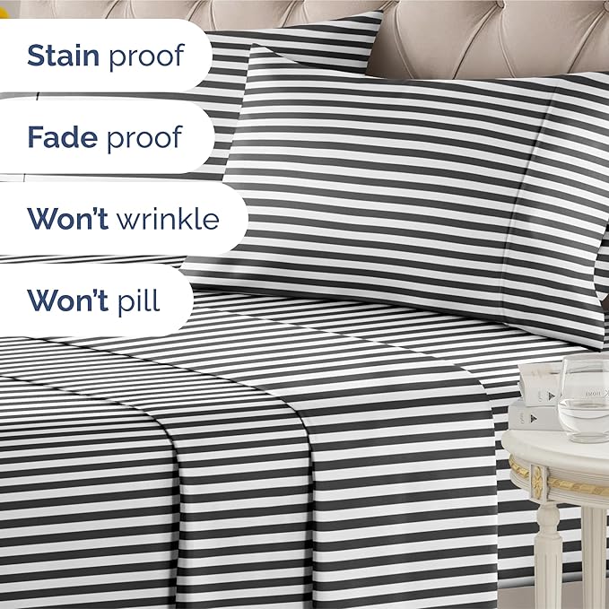 Striped Sheets - Black & White Striped Sheets - 1 Flat & 1 Fitted & 2 Pillowcases w/ Deep Pockets – Wrinkle & Fade Free - Soft, Breathable and Cooling – Luxury Pinstripe Bedding - Queen Size Bed Set