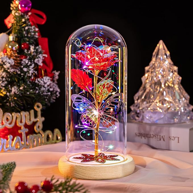 Beferr Christmas Birthday Gifts for Women, Mom Gifts for Christmas Galaxy Glass Rose Forever Preserved Flowers for Delivery Prime Rose in Glass Dome Xmas Gifts for Grandma Wife Sister Her, Red