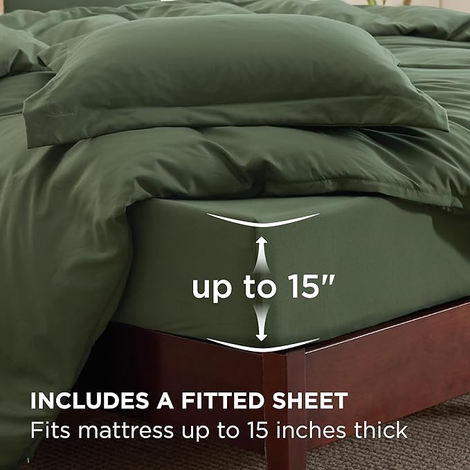 Bedsure Duvet Cover with Fitted Sheet Queen - 6 Pieces, Deep Pocket, Hotel Luxury Soft Double Brushed Bedding Set, 1 Duvet Cover, 1 Fitted Sheet, 2 Pillow Shams, 2 Pillowcases, NO Comforter, Green