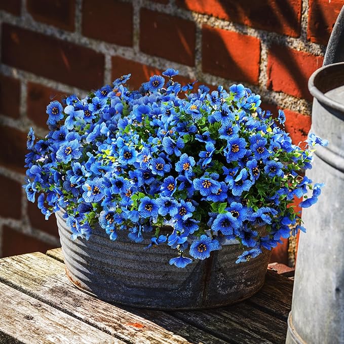 Artificial Faux Plants Flowers for Outdoor Outside Summer Decoration,16 Bundles UV Resistant Realistic Blue Plastic Fake Silk Daisy for Indoor Outside Greenery Boxwood Garden Home Planter Porch Patio