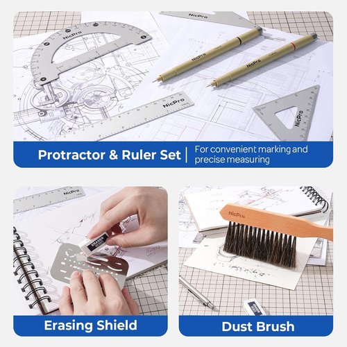 Nicpro 30PCS Professional Drafting Tools Set - Complete Geometry Kit with Case, Protractor, Rulers & Templates
