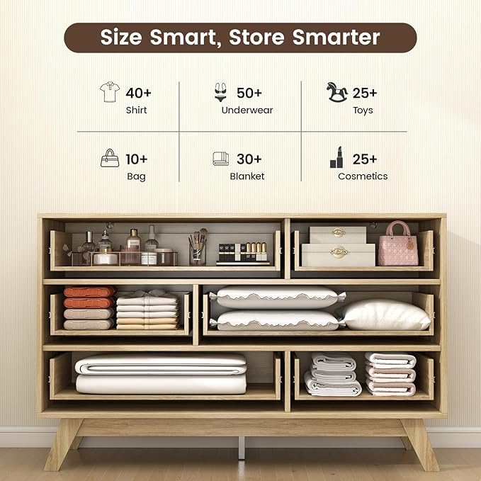 Hadulcet Fluted 6 Drawers Dresser for Bedroom, Modern Minimalist Style, 47” Wide Handleless Chest of Drawers, Wooden Dresser TV Stand, Closet Clothes Storage Organizer for Hallway, Natural Oak