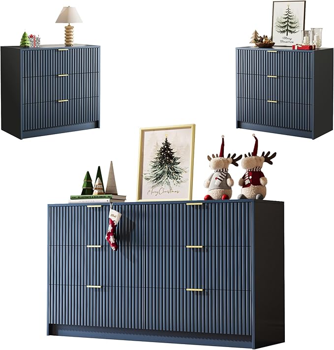 3-Piece Dresser Bedroom Set, 6 Drawer Dresser & 3 Drawer Nightstands with Gold Handles, Fluted Wood Chest of Drawers for Bedroom, Living Room, Entryway, Navy Blue