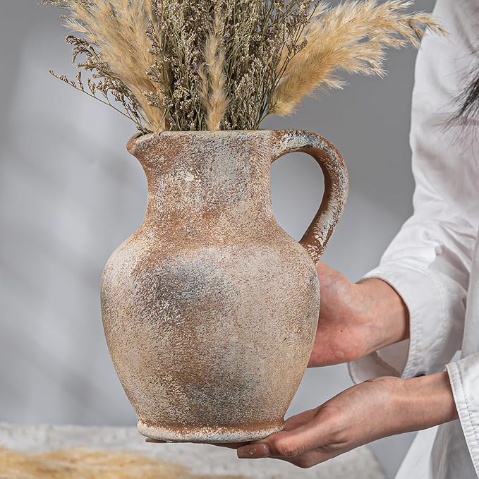 Ceramic Rustic Farmhouse Vase with Handle, Terracotta Vase, Minimalist Decorative Vases for Home Decor, Table, Living Room, Shelf, Christmas Decoration(Terra)