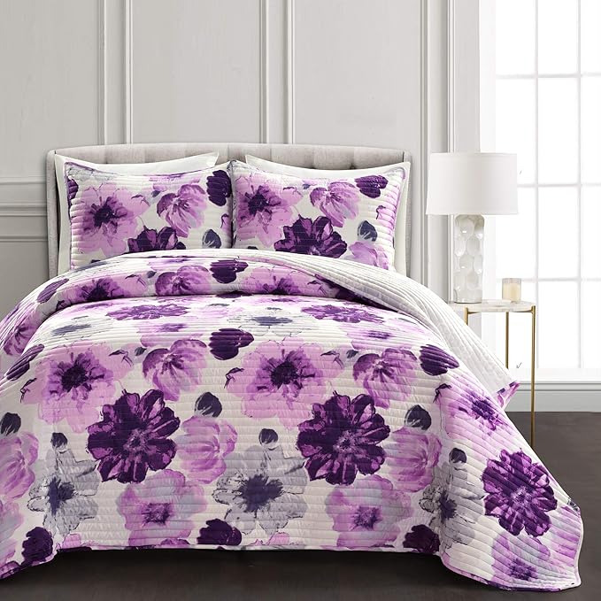 Lush Decor Leah Reversible Floral Quilt Set, 3 Piece Set, Full/ Queen, Gray & Purple - Watercolor Botanical - Cottage Core - French Country Decor- Bedding Queen Size