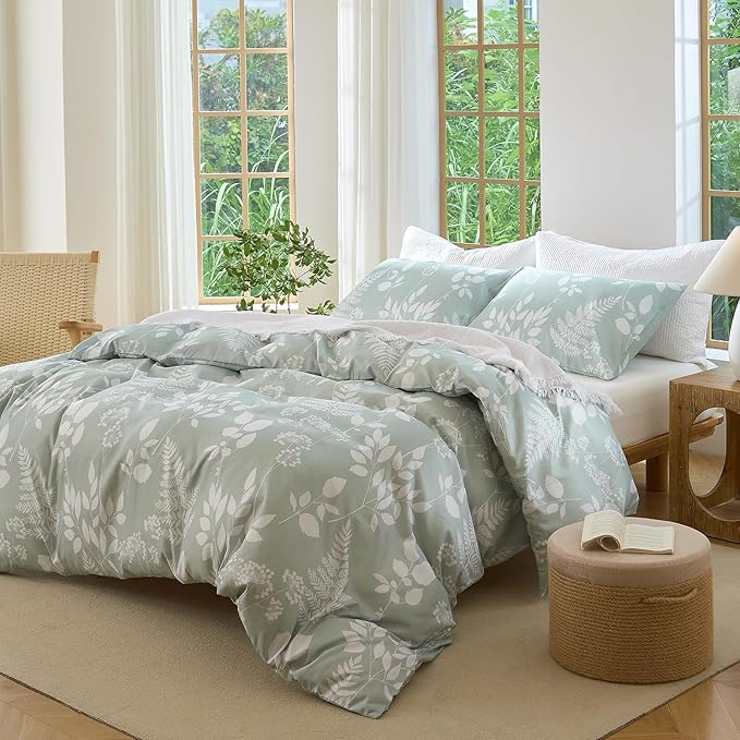 Nayoroom Floral Duvet Cover Queen Size White Green Botanical Flower Cottage Core Bedding Set 3 Pieces Soft Lightweight Microfiber Spring Aesthetic Duvet Cover Gift for Women