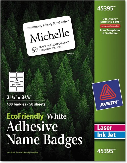 Avery 45395 Adhesive Name Badge Labels - 2-1/3" x 3-3/8" - White - 400 Labels Per Box