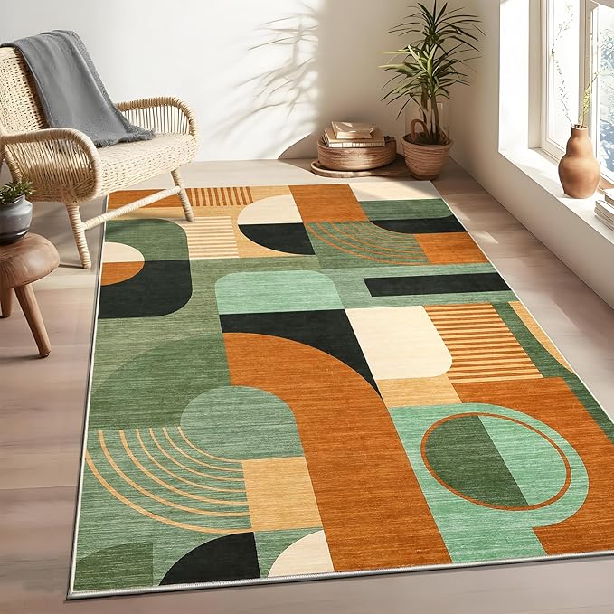 4x6 Washable Rug for Bedroom, Boho Geometric Small Area Rugs for Living Room Entryway Soft Low Pile Non-Slip Indoor Rug for Playroom Dorm, Green Multi, 4'x6'