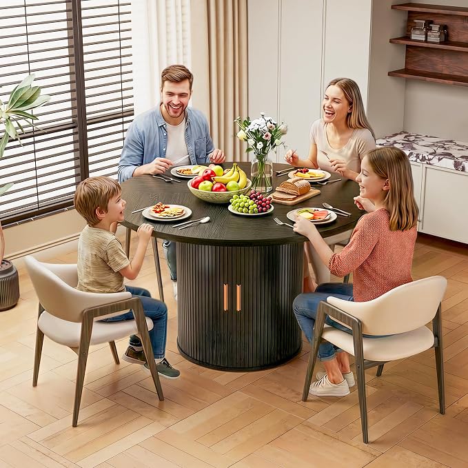 47" Round Dining Table for 4-6, Space-Saving Dining Room Table with Core Rolling Shutter Storage Shelf and Thick Tabletop, Wood Grain Dinner Table for Kitchen, Dining Room, Living Room, Black