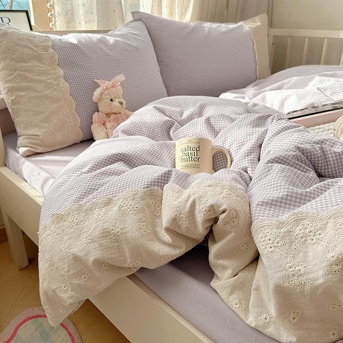 LifeTB Purple Gingham Comforter Set Queen Romantic Lace Style Checkered Pattern Comforter Set Farmhouse Purple Grid Plaid Bedding Comforter Queen Fluffy Soft Lightweight Gingham Bedding Set