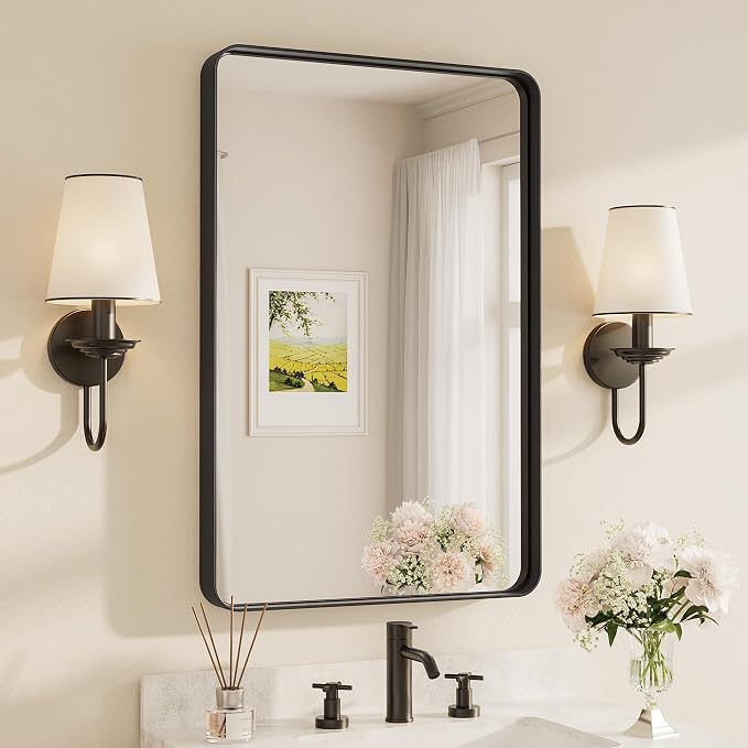 TETOTE Black Framed Bathroom Mirror, 24 x 36 Inch Matte Metal Frame Vanity Mirror, Farmhouse Wall Mounted Rectangle Mirror (Horizontal/Vertical)