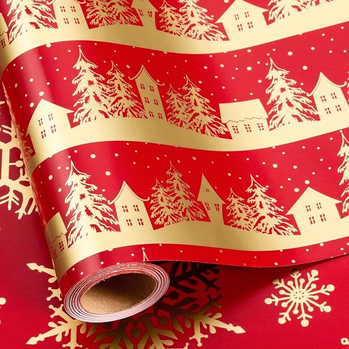 MAYPLUSS Christmas Wrapping Paper Roll, 17 Inch X 16.5 Feet Gift Wrapping Paper Featuring Gold Christmas Tree House Reversible Snowflake, Thick Wrap Paper for Holiday Party New Year Kids