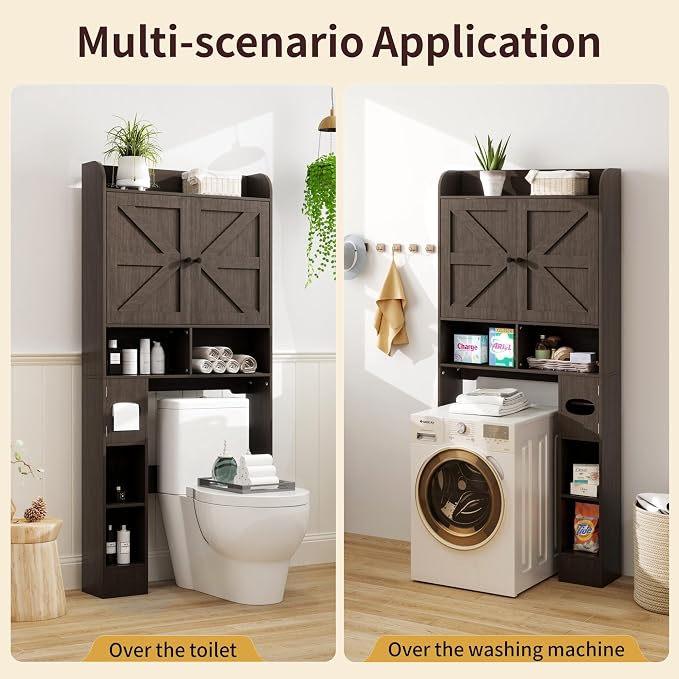 Over the Toilet Storage Cabinet, 32.3” W Farmhouse Bathroom Storage Cabinet Above Toilet with Toilet Paper Holder and Barn Doors, Freestanding Restroom Organizer Space Saving Rack, Rustic Brown