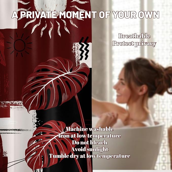 Black and Red Mid Century Modern Shower Curtain Bohemian Abstract Burgundy Shower Curtains for Bathroom Decor Sets, Waterproof Cloth Fabric with Hooks, 60x72 Inch