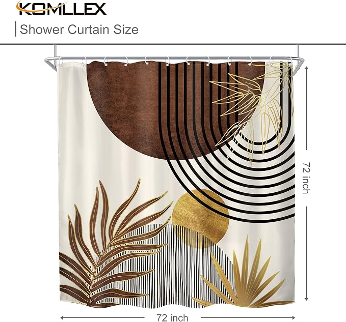 KOMLLEX Mid Century Brown Boho Shower Curtain for Bathroom Decor 72Wx72H Inches Abstract Modern Gold Minimalist Arch Sun Geometric Leaves Neutral Fabric Waterproof Polyester 12 Pack Hooks Pack Hooks