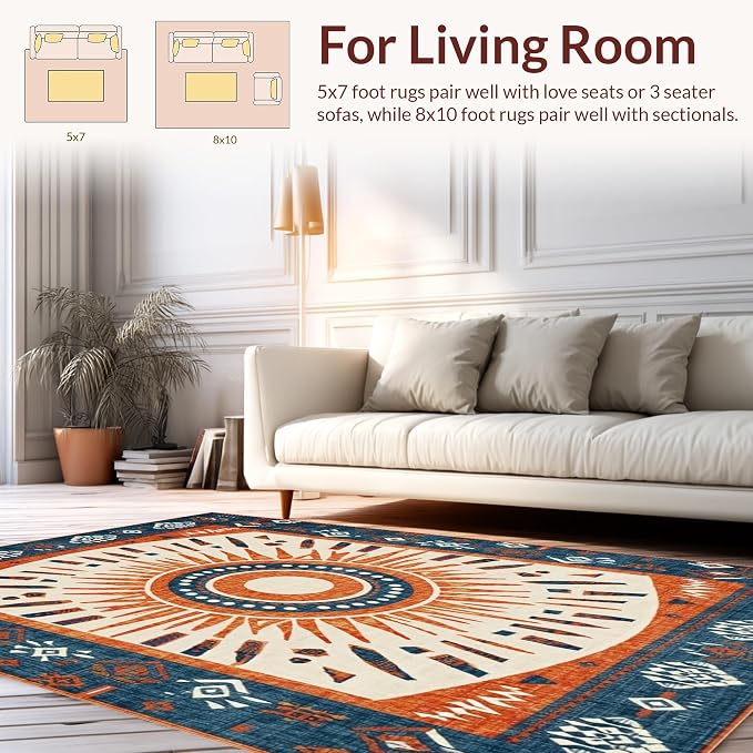Flatwoven High Traffic Area Rug 8x10, Vintage Tribal Sunburst Motif, Non Slip, Stain Resistant, Washable Area Rugs for Living Room, Bedroom (Orange, 8x10)