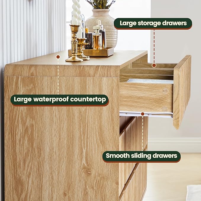 Fluted 9 Drawer Dresser for Bedroom, 60" Wide Modern Chest of Storage Drawers, Wood Dresser & Chest of Drawers with Curved Corners, Dressers TV Stand for Living Room (60" Natural 9 Drawer)
