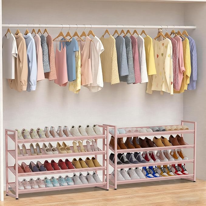 NEYCIL Large Shoe Rack 8 Tier Shoe Organizer, Heavy Duty Metal 4-Tier Stackable Shoe Storage Vertical Shoe Rack for Closet Front Door Entrance, Up to 50 Pairs, 44.8" W x 11.4" D x 56.7" H, Pink