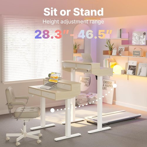 HUANUO Electric Standing Desk - 32 x 20 Inch Adjustable Height Home Office Desk with 4 Drawers | Ergonomic Design, Natural Finish