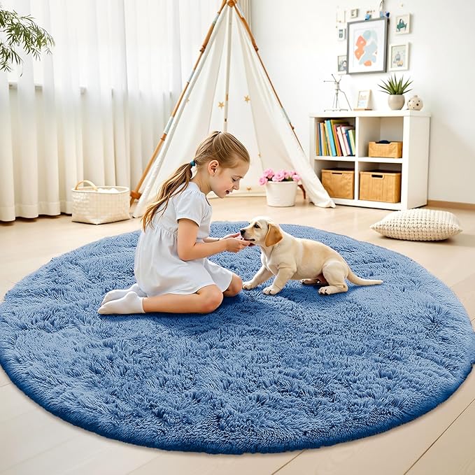 OLANLY Blue Round Rugs for Bedroom - Machine Washable, 7 ft Circle Area Rugs for Living Room, Soft and Fluffy Shaggy Carpet for Teen Girl and Boys, Nursery Rooms, Dorms, Home Decor Aesthetic
