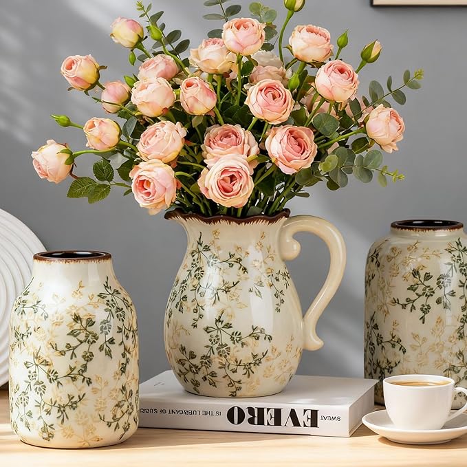 Green and Beige Vintage Vase with Handle, Ceramic Floral Pitcher Vase, Farmhouse Decorative Large Vases for Bouquet, Home Décor, Kitchen, French Country, Chinoiserie, Tuscan Decor, 8.3 Inch