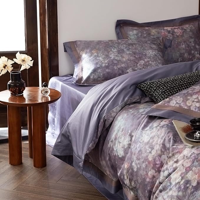VM VOUGEMARKET Purple Floral Duvet Cover Set Queen,3 Pieces Garden Flower Duvet Cover with 2 Pillow Shams Smooth Silky Long Staple Cotton Bedding Set-Queen,90x90 Inch