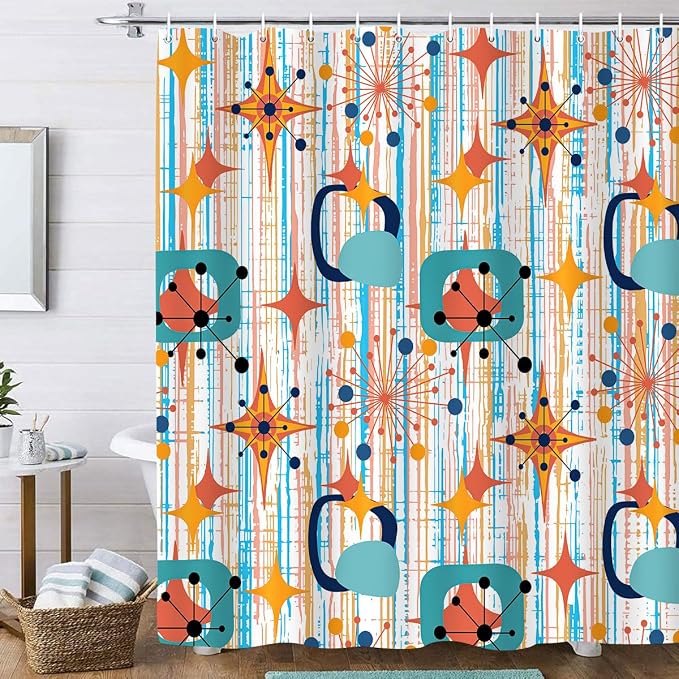 Mid Century Shower Curtain, 60x72inch, Modern Abstract Retro Colorful Striped Geometric Shower Curtain Sets 1950s Boho Bathroom Shower Curtain with 10 Hooks