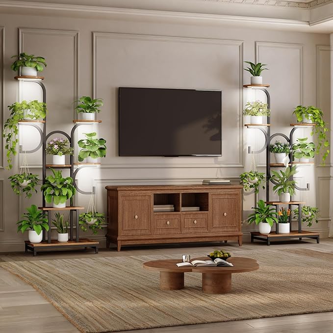 HOOBRO 7 Tiered Plant Stand Indoor with Grow Lights, 63" Corner Plant Stand for Indoor Plants, Metal Corner Shelf with 2 Hanging Basket Spots, for Home, Living Room, Rustic Brown and Black BF12DHJ01